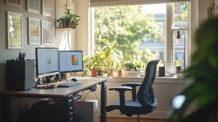 Sunlit Home Office Workspace With Two Computer Monitors