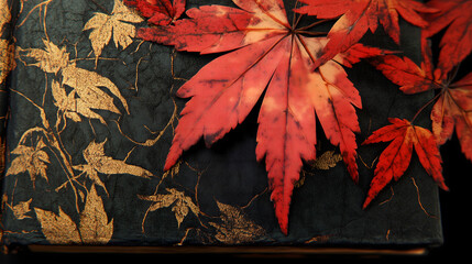 Red maple leaves, close-up, patterned background, photorealistic landscapes, red and gold color scheme