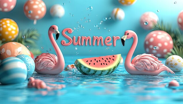 Pink flamingos, a watermelon slice, and the word SUMMER in a playful, colorful composition.  Water splashing, colorful balloons, and a light teal background surround the flamingos and watermelon - Powered by Adobe