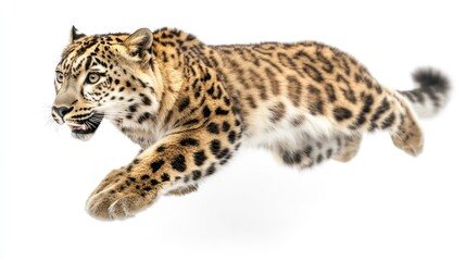 A snow leopard jumps high into the air