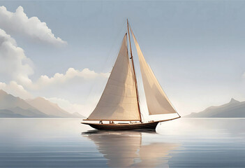 Fototapeta premium A graceful sailboat glides across tranquil waters, mountains forming a serene backdrop. Peaceful escape.