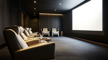 A dark room with a large screen and several chairs