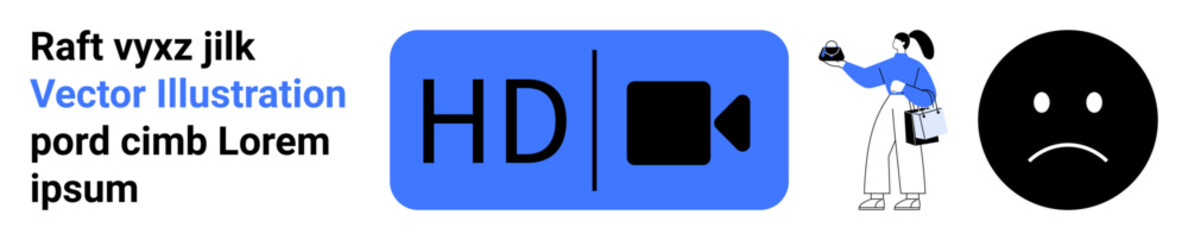 HD video playback icon, woman carrying cake with a tablet, and a bold sad face. Ideal for streaming, emotions, cooking, technology, communication, art flat landing page banner