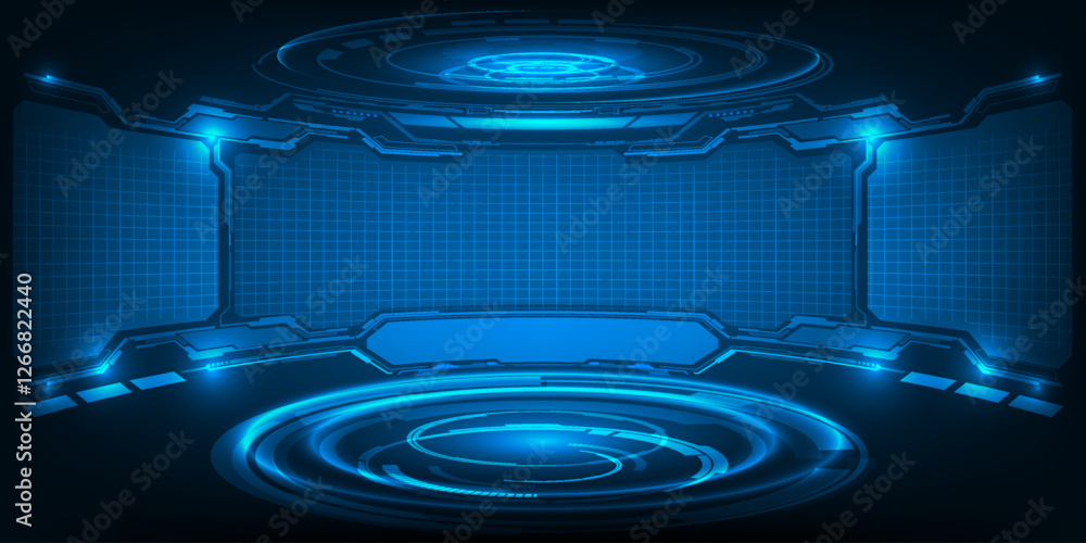 Poster vector illustrations of futuristic digital technology hi tech stage for showcase with neon blue pede