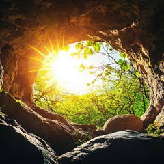 Sunlight Streaming Through Cave Opening into Lush Forest