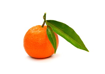 Tangerines or clementines with green leaf on a white background close-up