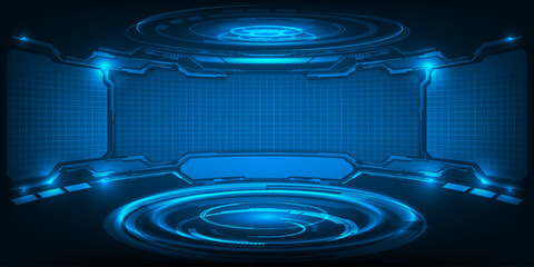 Vector illustrations of Futuristic digital technology hi tech stage for showcase with neon blue pedestal circle platform and laser ring and hexagonal pattern for digital advertising and game artwork. © Alleachday