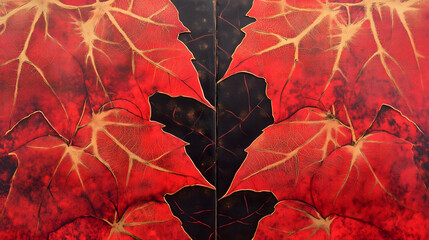 Red maple leaves, close-up, patterned background, photorealistic landscapes, red and gold color scheme