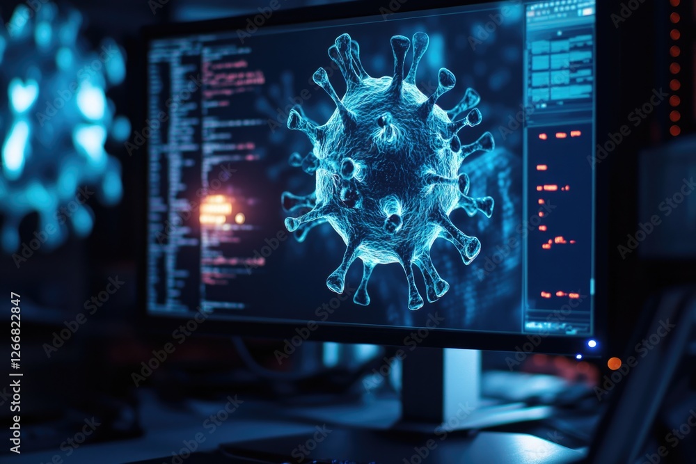 Poster a computer screen displaying an image of the covid-19 corona virus, suitable for use in news article