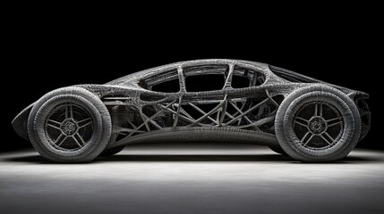 3D-printed car chassis, studio shot, dark background, automotive design