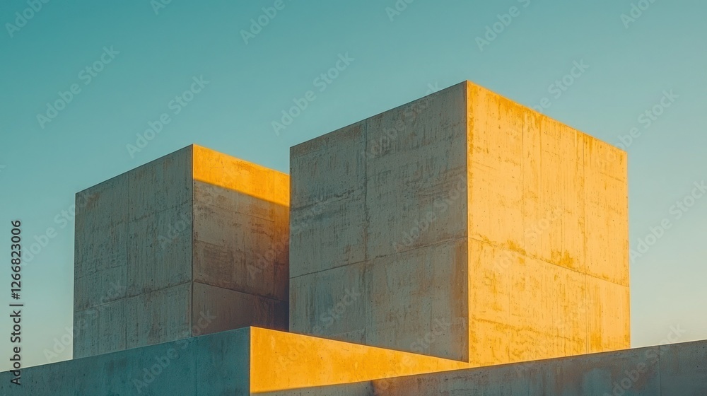 Poster geometric cubic structure stands out under a clear sky, architecture, and design use