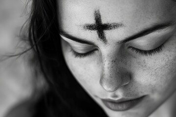 Fototapeta premium A woman wearing a cross on her forehead in a simple and straightforward pose