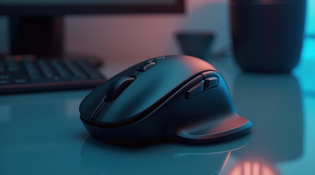 Creative workspace with a sleek computer mouse and ambient lighting