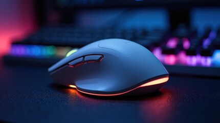 Gaming mouse with colorful lights rests on a desk near a keyboard