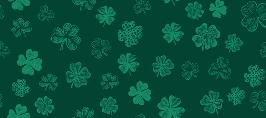 Clover pattern on green. Patrick's day. Hand drawn illustration.	
