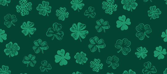 Clover pattern on green. Patrick's day. Hand drawn illustration.	
