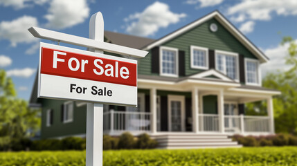 Obraz premium For sale sign in front of a modern beautiful house