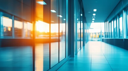 Modern office corridor bathed in sunset light, showcasing sleek architecture and reflections