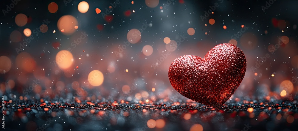 Poster red heart shaped object on dark background with bokeh lights, romantic and warm atmosphere