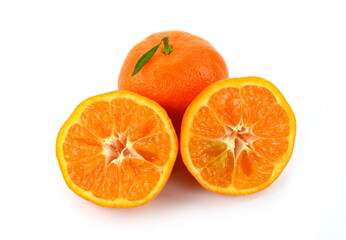 Ripe mandarin fruits and half sliced  mandarin isolated on white background.