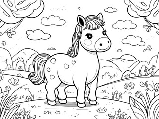 Cute little horse in coloring book style