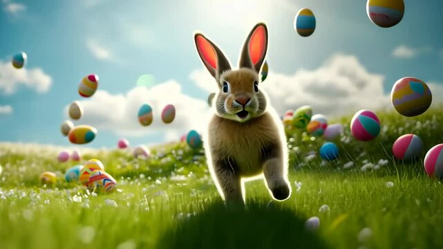 Energetic Easter bunny hopping through a colorful easter egg meadow in springtime. Flying colorful easter eggs
