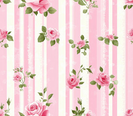 Seamless pink striped rose pattern, pastel pink and white stripes with delicate roses, vintage shabby chic style, pink color scheme, detailed floral design, romantic atmosphere,