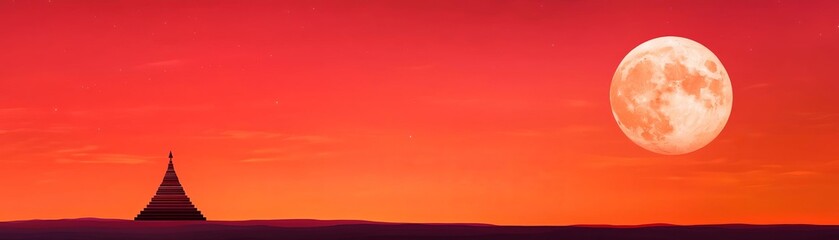 Obraz premium Stunning sunset with a full moon and dramatic colors over a serene landscape.