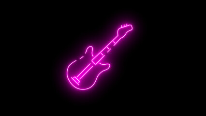 Glowing neon line guitar icon. Music Concert Entertainment Concept. Glowing Electric Bass Guitar Icon in Neon Lines on Black Background.	