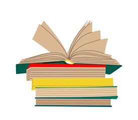 Stack of books for reading, pile of textbooks for education with open book on the top. Literature, dictionaries, encyclopedias. Colored flat vector illustration isolated on transparent background.