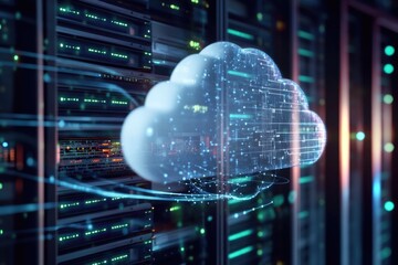 Fototapeta premium A cloud floats above a server in a data center, representing cloud computing and virtualization