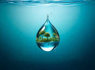 Fototapeta premium A serene water drop encapsulates a miniature landscape with trees against a blurred blue background, symbolizing nature's reflection and purity.