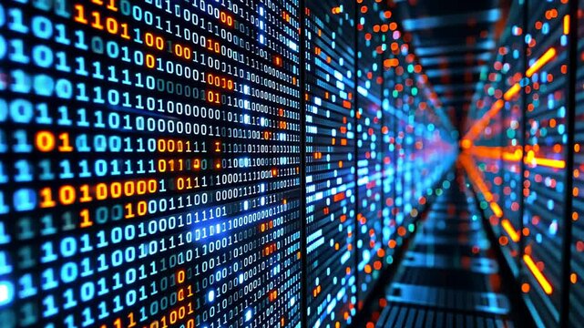 A visually stunning abstract representation of a flowing data stream with binary code and vibrant lights, symbolizing digital technology.