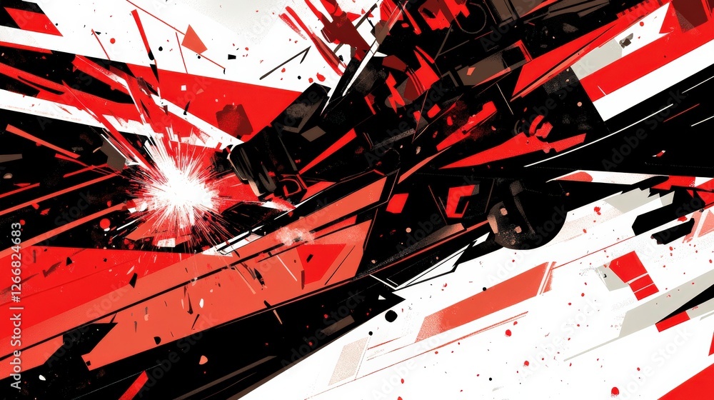 Poster dynamic abstract composition featuring sharp red and black shapes with explosive energy