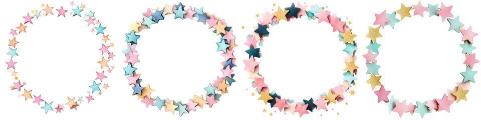 Vibrant and colorful abstract featuring various star shaped wreaths garlands and confetti like elements arranged in a decorative and festive pattern