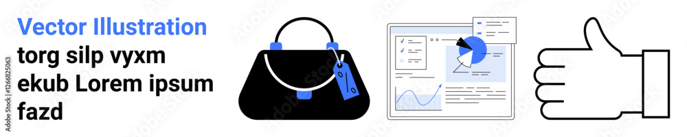 Poster handbag with tags, analytics interface showing graphs, and thumbs-up icon. ideal for retail, e-comme