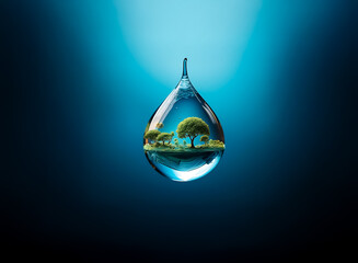 Obraz premium A clear water drop encapsulates a vibrant miniature landscape, featuring lush green grass and trees against a gradient teal backdrop, symbolizing environmental purity and fragility.