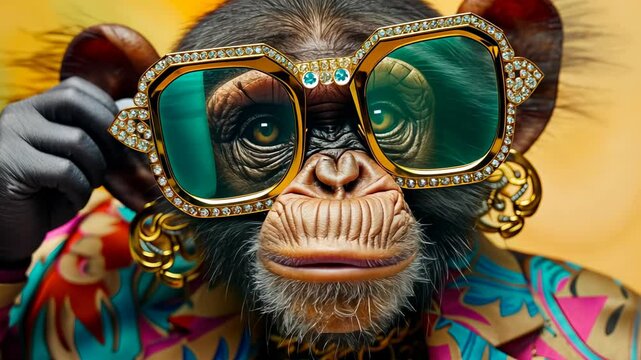 Fashionable chimpanzee with oversized glasses adjusts festive attire. Funny quirky animals. Playful and eccentric portrait with pop art aesthetic