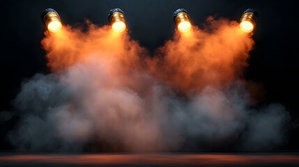 Four spotlights illuminate a thick fog on a dark background, creating a dramatic and atmospheric scene.