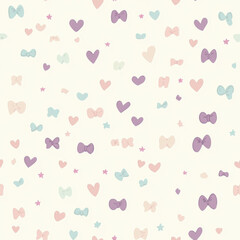 A seamless, minimalistic pattern with tiny pastel hearts, bows, and stars on a light cream background. Soft colors like baby pink, sky blue, and pale lavender create a dreamy and innocent look.