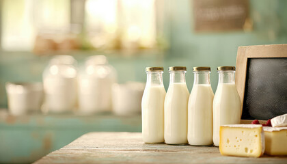 Local dairy products at the fresh market. Bottles of milk and cheese displayed on a rustic table in a cozy kitchen setting, with soft lighting enhancing the atmosphere.