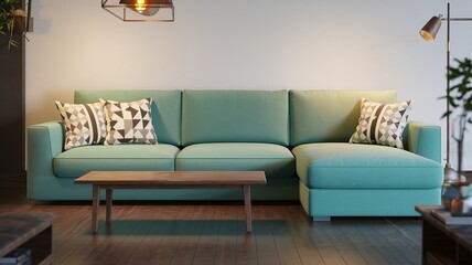 Elegant 3D-Rendered Living Room with Pastel Tones & Clean Aesthetic