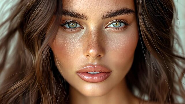 Beautiful woman with natural freckles, flowing long brown hair and intense striking blue eyes. 