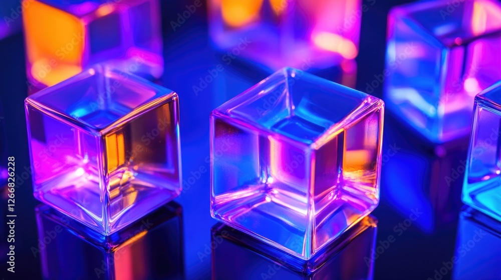 Poster a close-up view of a group of transparent glass cubes in various shapes and sizes