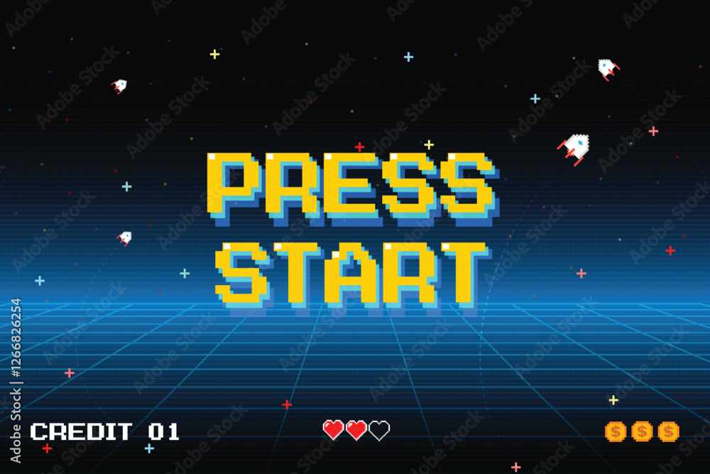 Fototapete PRESS START INSERT A COIN TO CONTINUE .pixel art .8 bit game. retro game. for game assets .Retro Futurism Sci-Fi Background. glowing neon grid. and stars from vintage arcade computer games