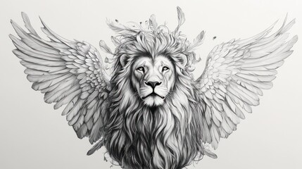 Obraz premium Winged lion fantasy art. Majestic animal with wings, feathers. Graphic design, print, art for creative projects