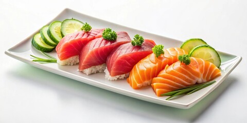 A delectable arrangement of sushi featuring succulent tuna and salmon nigiri, artfully presented with fresh cucumber slices and vibrant green herbs on an elegant white rectangular plate.