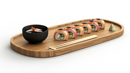 A beautifully arranged sushi platter featuring colorful rolls, a bowl of soup, and wasabi on a wooden tray