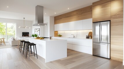Fototapeta premium Modern kitchen design, open-plan living, natural light, island, hardwood floors, home interior