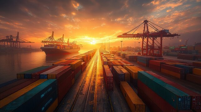 Cargo ship docked in port at sunset with containers, ready for international trade